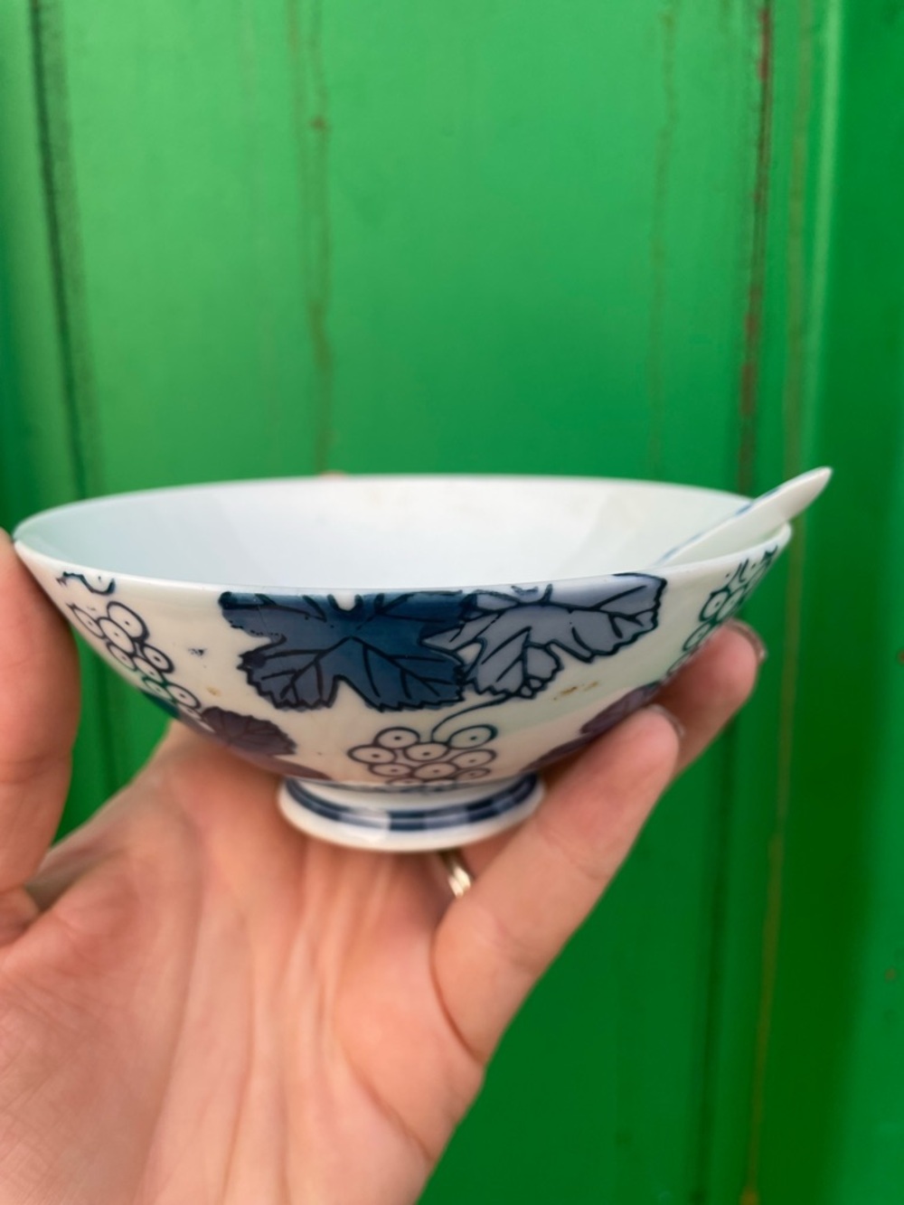 Traditional Japanese Floral Porcelain Rice Bowl + Spoon Set